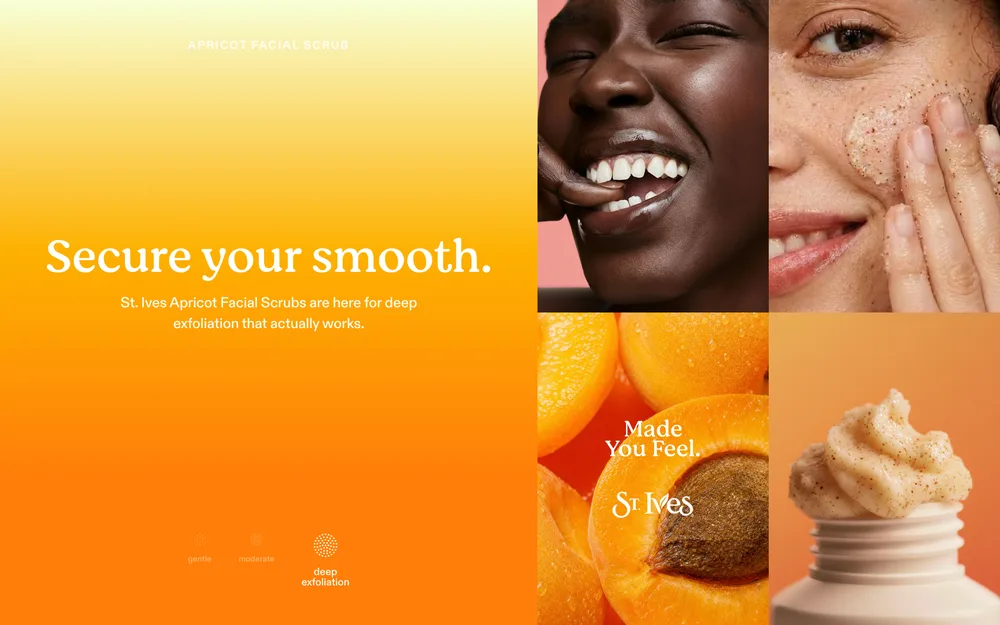 St. Ives Apricot Facial Scrub key visual — "Secure your smooth."